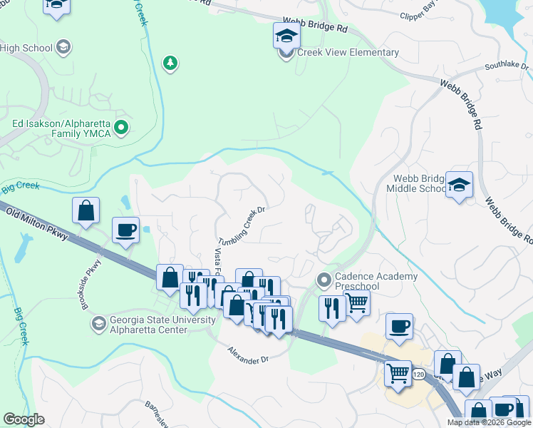 map of restaurants, bars, coffee shops, grocery stores, and more near 395 Tumbling Creek Drive in Alpharetta