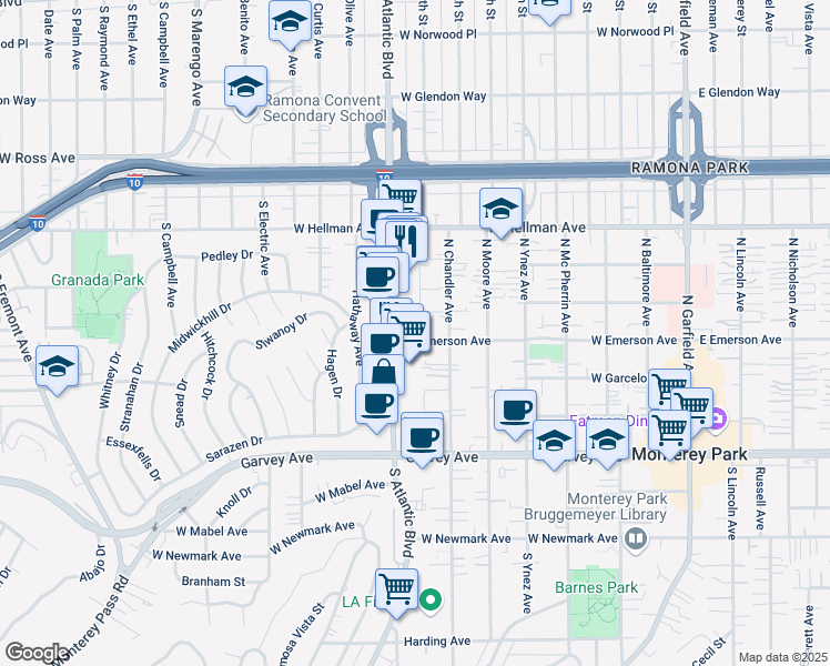 map of restaurants, bars, coffee shops, grocery stores, and more near 412 North Atlantic Boulevard in Monterey Park