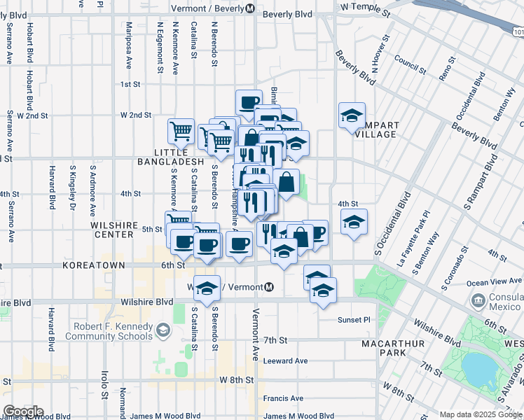 map of restaurants, bars, coffee shops, grocery stores, and more near 434 Vermont Avenue in Los Angeles