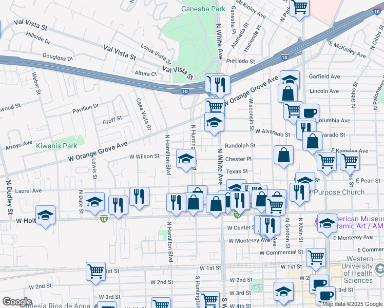 map of restaurants, bars, coffee shops, grocery stores, and more near 907 North Huntington Street in Pomona