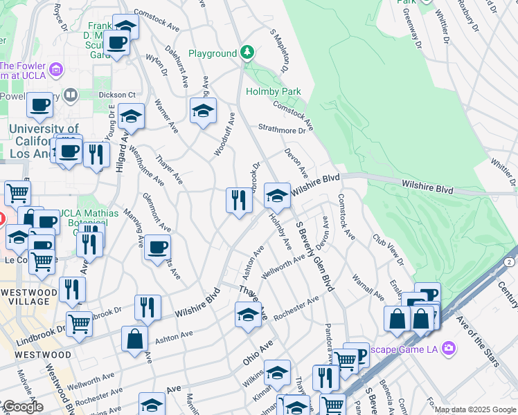 map of restaurants, bars, coffee shops, grocery stores, and more near 10433 Wilshire Boulevard in Los Angeles