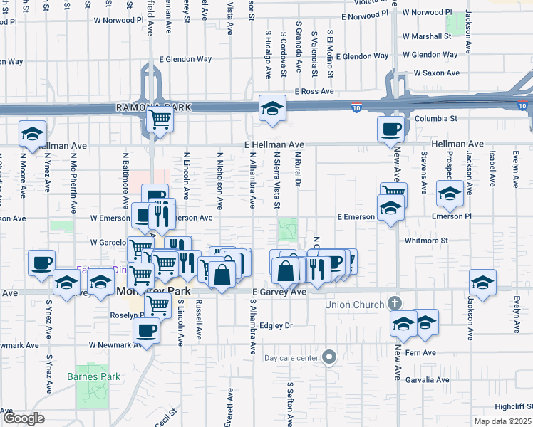 map of restaurants, bars, coffee shops, grocery stores, and more near 417 East Emerson Avenue in Monterey Park