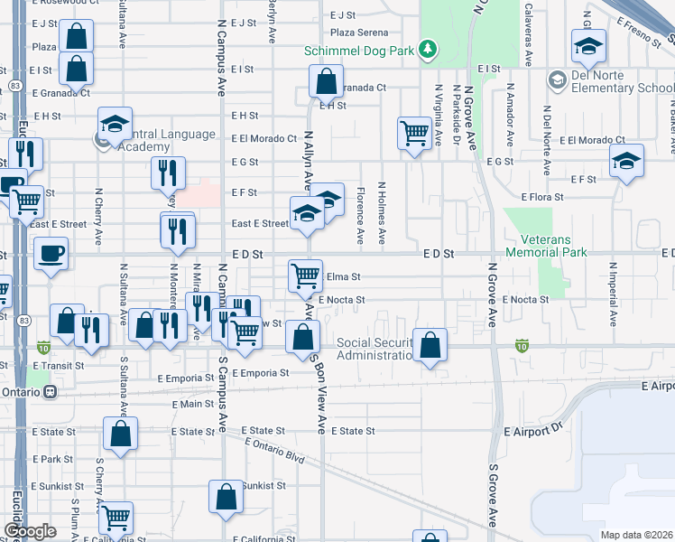 map of restaurants, bars, coffee shops, grocery stores, and more near 937 East Elma Street in Ontario