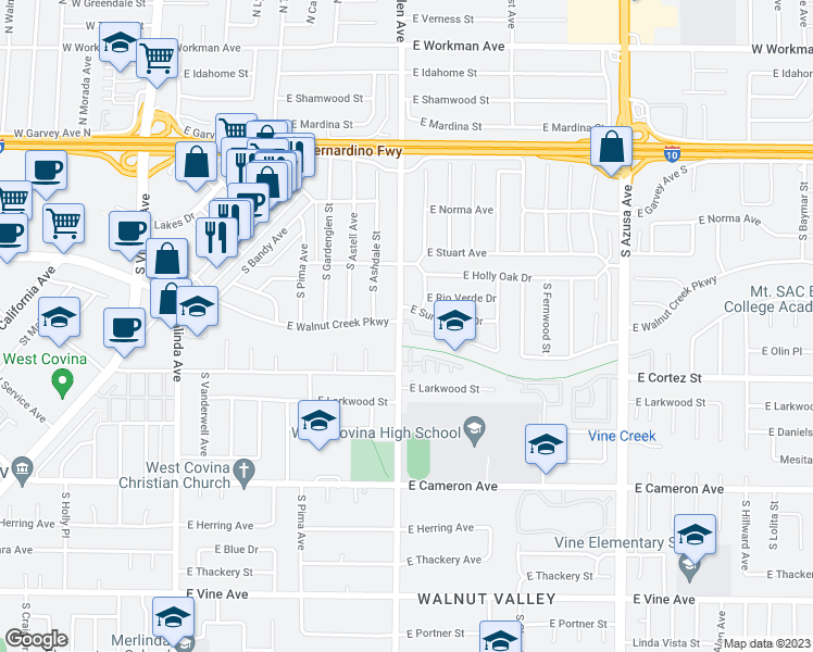 map of restaurants, bars, coffee shops, grocery stores, and more near 428 South Lark Ellen Avenue in West Covina