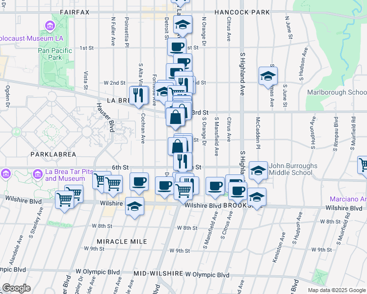 map of restaurants, bars, coffee shops, grocery stores, and more near 400 South La Brea Avenue in Los Angeles
