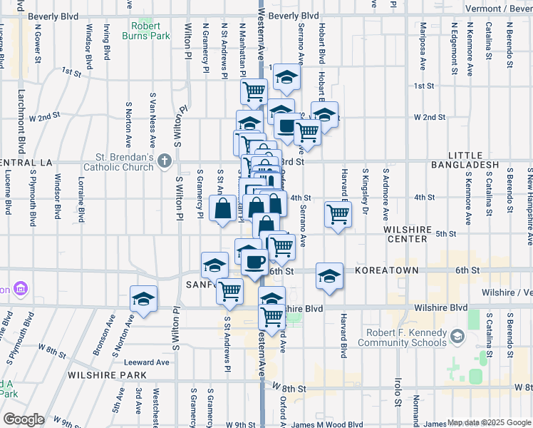 map of restaurants, bars, coffee shops, grocery stores, and more near 450 South Western Avenue in Los Angeles