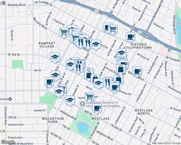 map of restaurants, bars, coffee shops, grocery stores, and more near 247 South Carondelet Street in Los Angeles