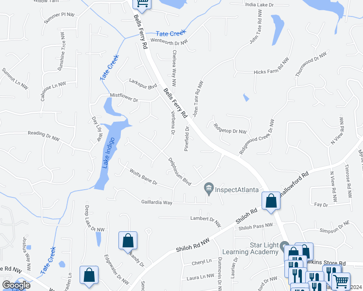map of restaurants, bars, coffee shops, grocery stores, and more near 4761 Pinefield Drive in Acworth
