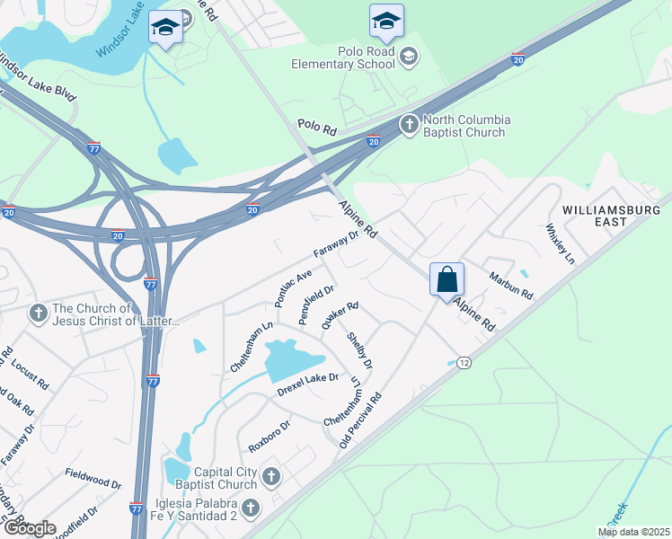 map of restaurants, bars, coffee shops, grocery stores, and more near 1809 Pennfield Drive in Columbia