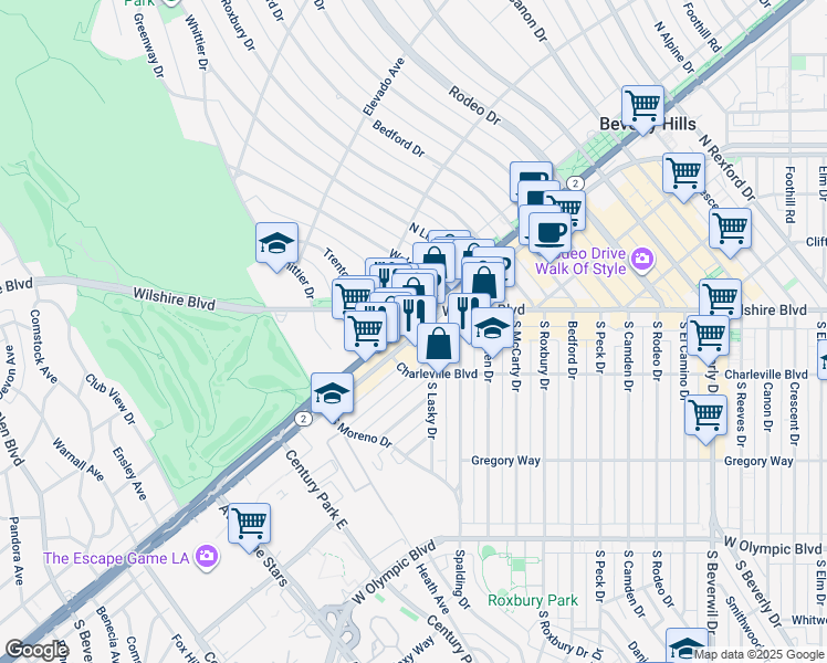 map of restaurants, bars, coffee shops, grocery stores, and more near 9855 South Santa Monica Boulevard in Beverly Hills