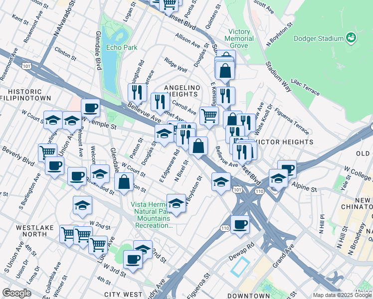 map of restaurants, bars, coffee shops, grocery stores, and more near 1263 West Temple Street in Los Angeles