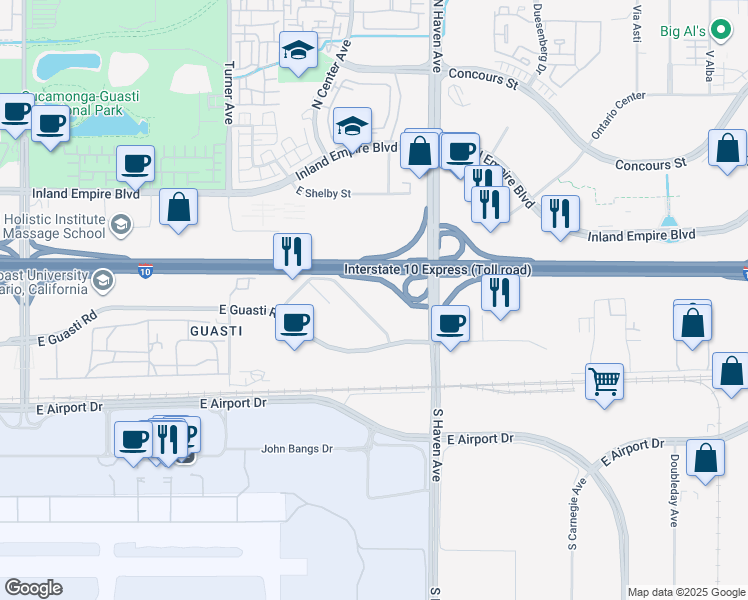 map of restaurants, bars, coffee shops, grocery stores, and more near 3401 North Centre Lake Drive in Ontario