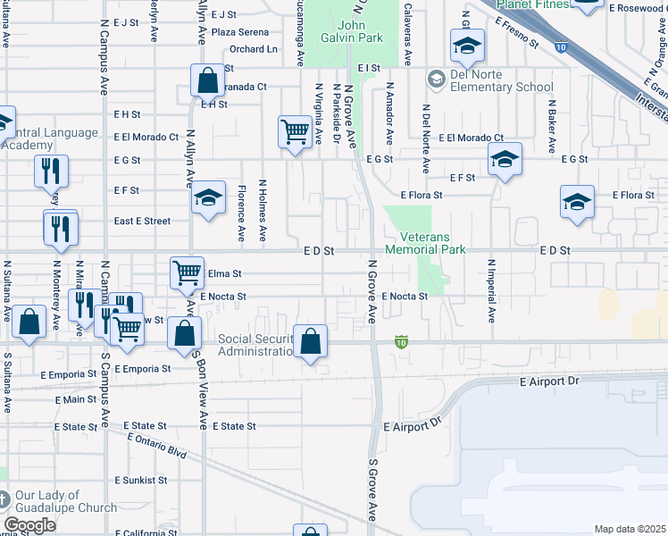 map of restaurants, bars, coffee shops, grocery stores, and more near 1153 East Elma Street in Ontario
