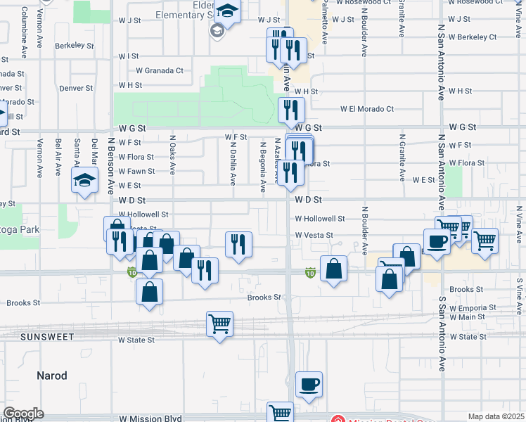 map of restaurants, bars, coffee shops, grocery stores, and more near 312 North Camellia Avenue in Ontario