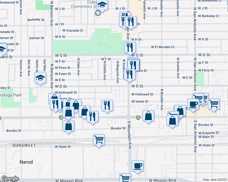 map of restaurants, bars, coffee shops, grocery stores, and more near 312 North Camellia Avenue in Ontario