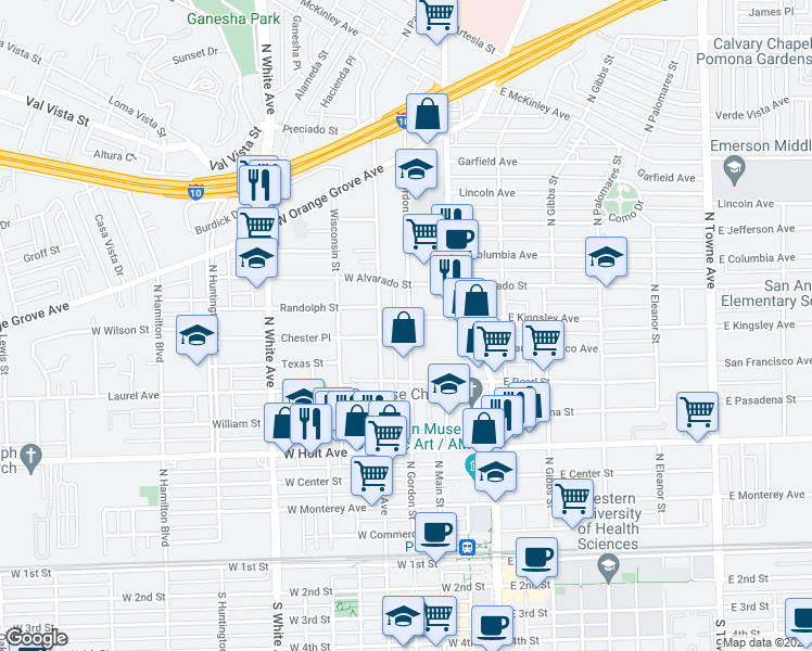 map of restaurants, bars, coffee shops, grocery stores, and more near 844 North Park Avenue in Pomona
