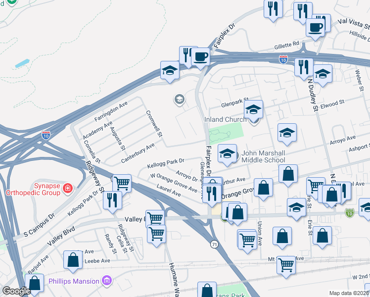 map of restaurants, bars, coffee shops, grocery stores, and more near 2130 Avalon Avenue in Pomona
