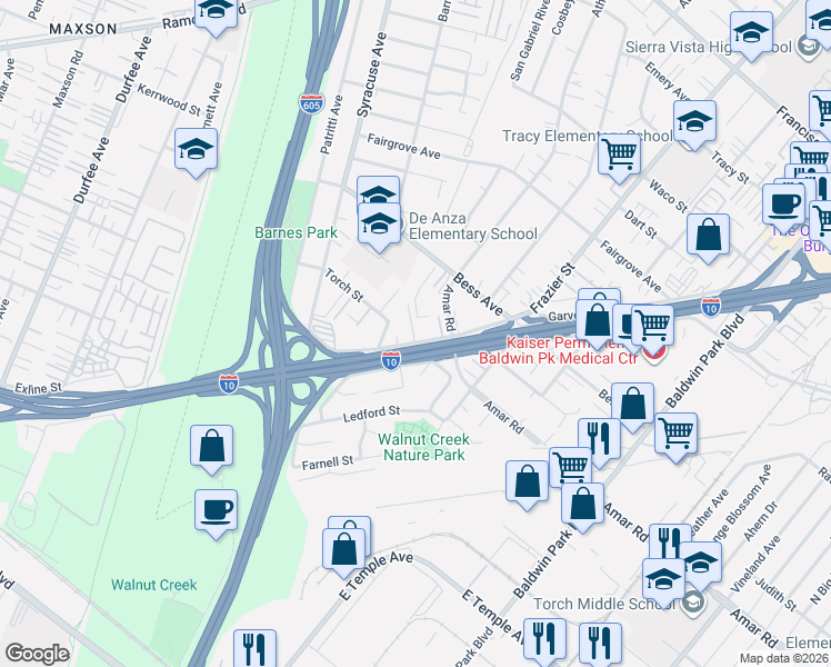 map of restaurants, bars, coffee shops, grocery stores, and more near 12907 Garvey Avenue in Baldwin Park