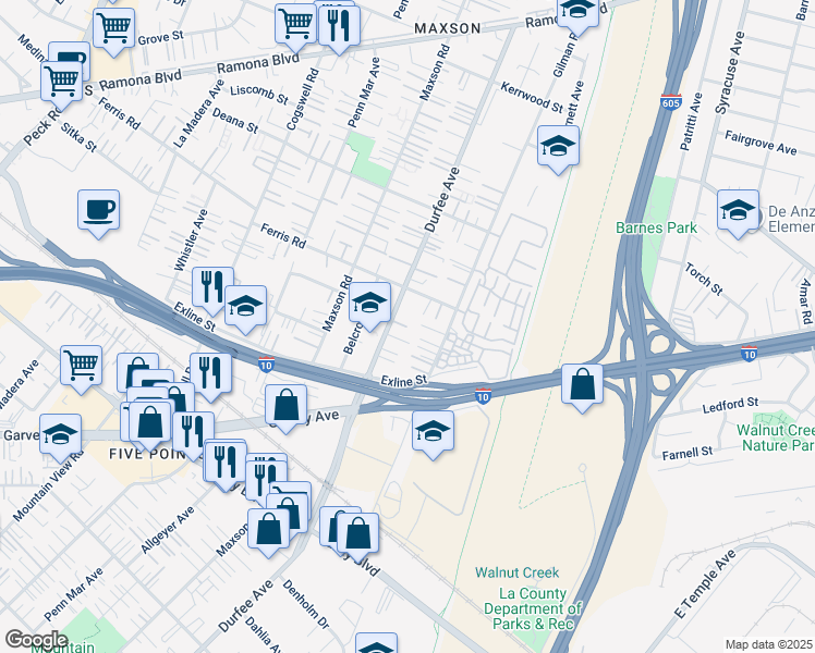 map of restaurants, bars, coffee shops, grocery stores, and more near 3524 Durfee Avenue in El Monte