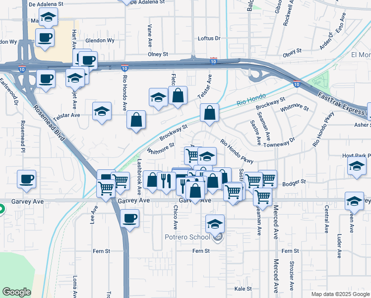 map of restaurants, bars, coffee shops, grocery stores, and more near 3203 Adelia Avenue in El Monte