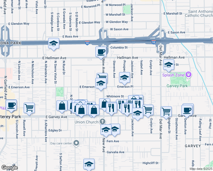 map of restaurants, bars, coffee shops, grocery stores, and more near 7429 Emerson Place in Rosemead