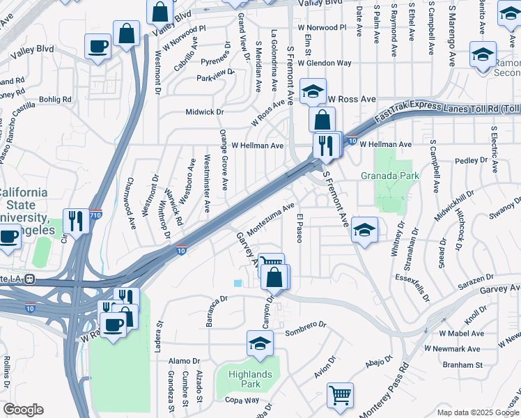 map of restaurants, bars, coffee shops, grocery stores, and more near 2720 West Ramona Road in Alhambra