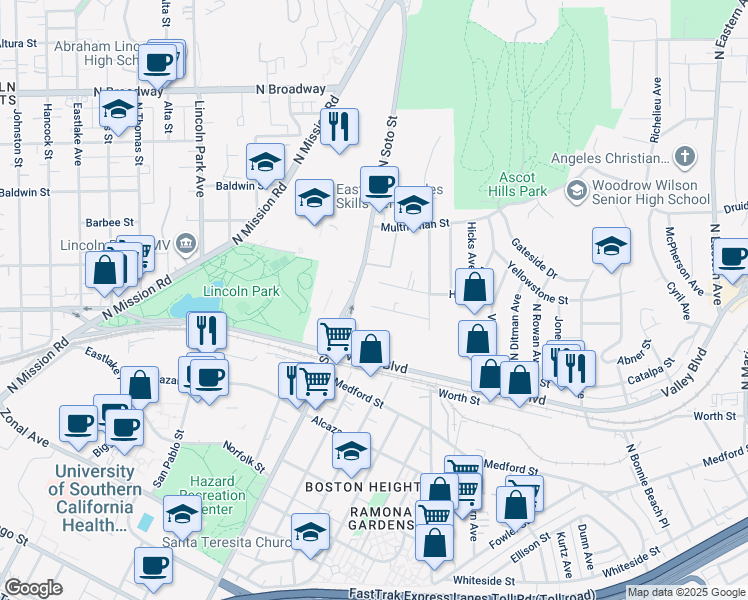 map of restaurants, bars, coffee shops, grocery stores, and more near 4105 Abner Street in Los Angeles