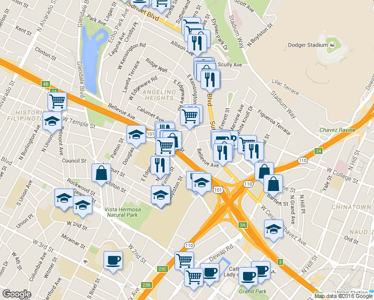 map of restaurants, bars, coffee shops, grocery stores, and more near 1225 Boston Street in Los Angeles