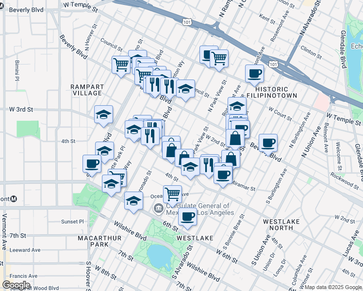 map of restaurants, bars, coffee shops, grocery stores, and more near 247 South Carondelet Street in Los Angeles