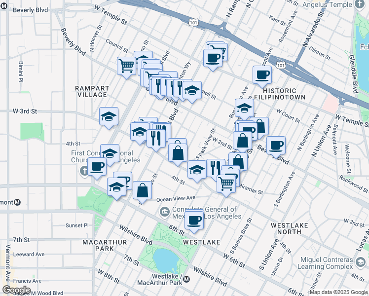 map of restaurants, bars, coffee shops, grocery stores, and more near 243 South Carondelet Street in Los Angeles