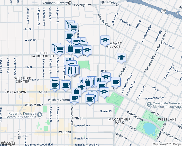 map of restaurants, bars, coffee shops, grocery stores, and more near 400 South Westmoreland Avenue in Los Angeles