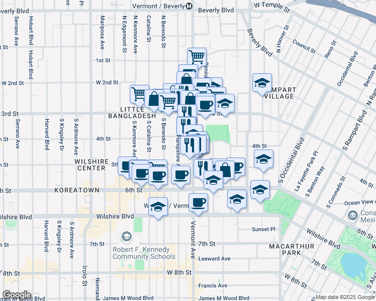 map of restaurants, bars, coffee shops, grocery stores, and more near 434 Vermont Avenue in Los Angeles