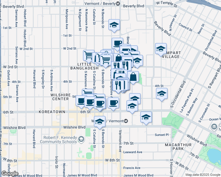 map of restaurants, bars, coffee shops, grocery stores, and more near 433 South New Hampshire Avenue in Los Angeles