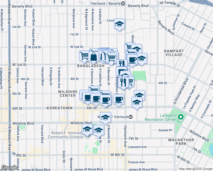 map of restaurants, bars, coffee shops, grocery stores, and more near 433 South Berendo Street in Los Angeles