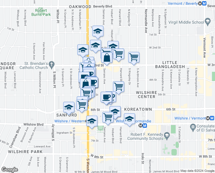 map of restaurants, bars, coffee shops, grocery stores, and more near 420 South Serrano Avenue in Los Angeles