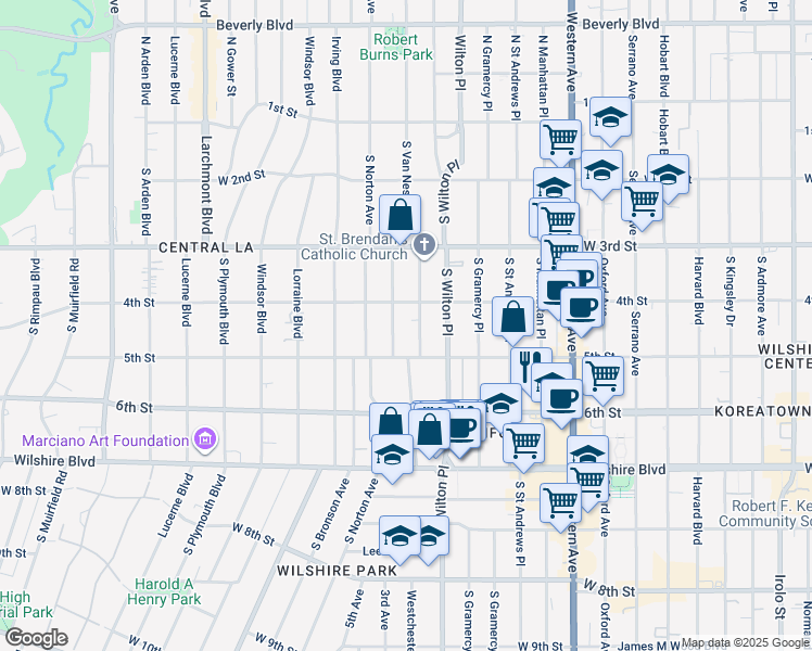 map of restaurants, bars, coffee shops, grocery stores, and more near 421 South Van Ness Avenue in Los Angeles