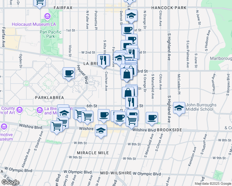 map of restaurants, bars, coffee shops, grocery stores, and more near 415 South Detroit Street in Los Angeles
