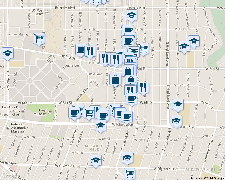 map of restaurants, bars, coffee shops, grocery stores, and more near 408 South Cochran Avenue in Los Angeles