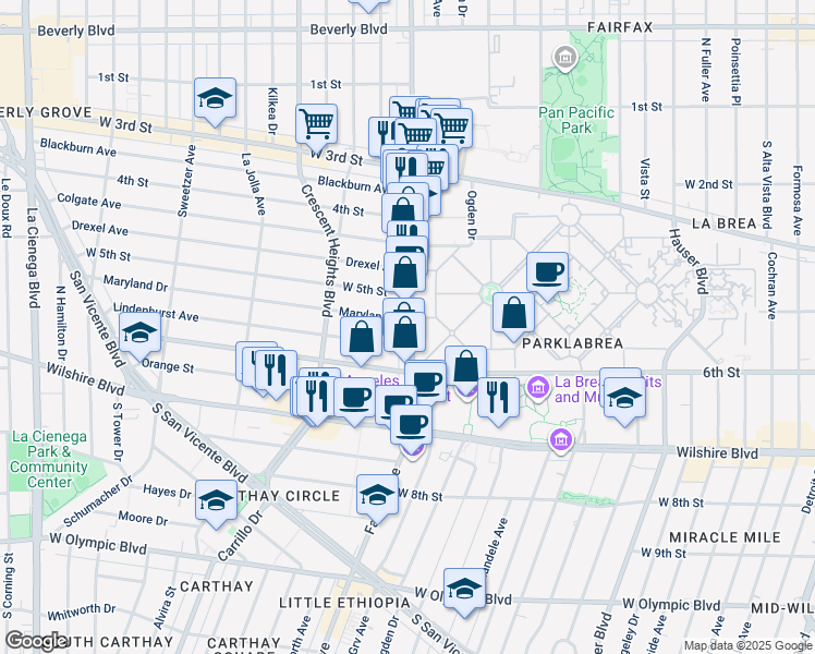 map of restaurants, bars, coffee shops, grocery stores, and more near 533 South Fairfax Avenue in Los Angeles