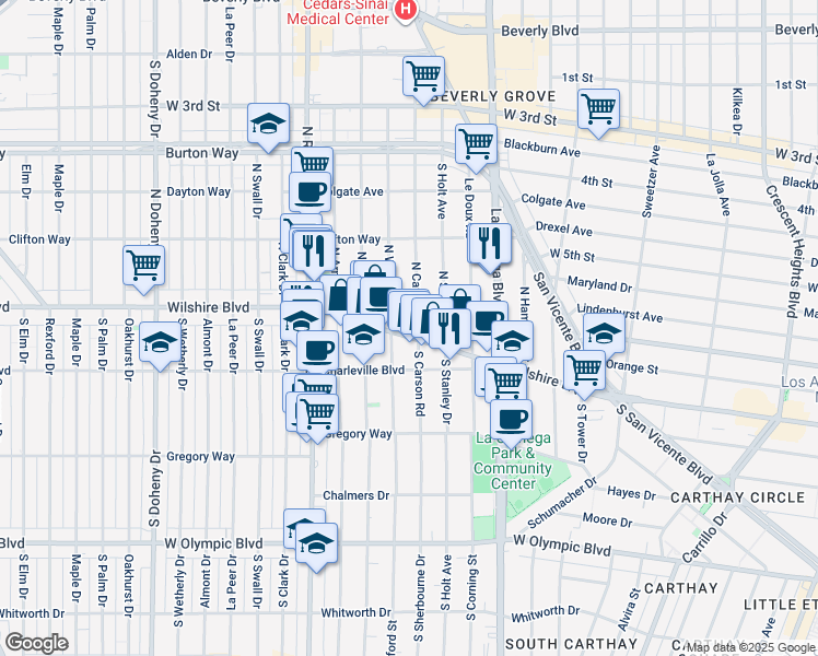 map of restaurants, bars, coffee shops, grocery stores, and more near 8665 Wilshire Boulevard in Beverly Hills