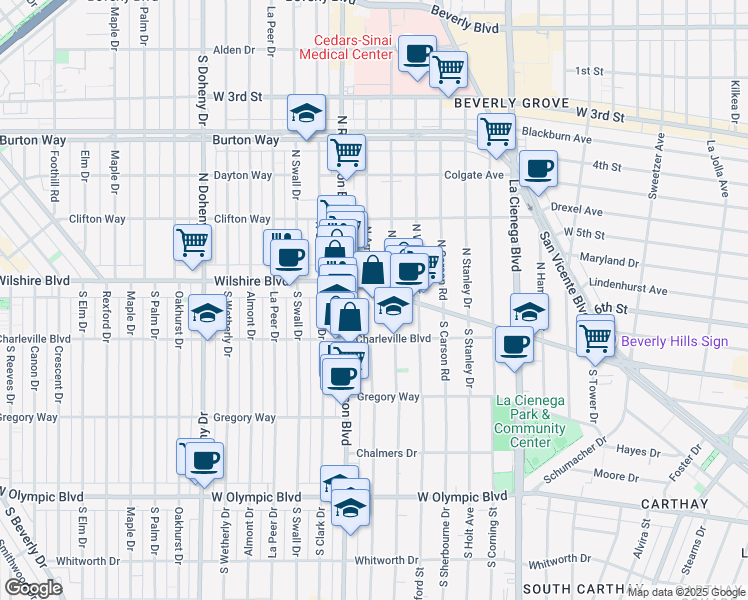 map of restaurants, bars, coffee shops, grocery stores, and more near 115 South Arnaz Drive in Beverly Hills