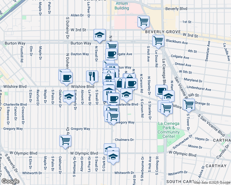 map of restaurants, bars, coffee shops, grocery stores, and more near 115 South Arnaz Drive in Beverly Hills