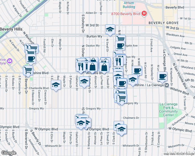 map of restaurants, bars, coffee shops, grocery stores, and more near 120 South Almont Drive in Beverly Hills