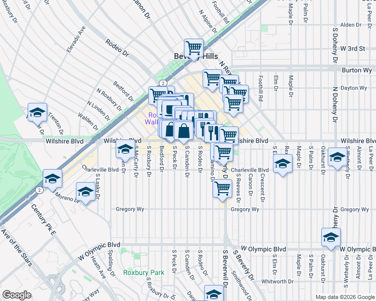 map of restaurants, bars, coffee shops, grocery stores, and more near 9570 Wilshire Boulevard in Beverly Hills