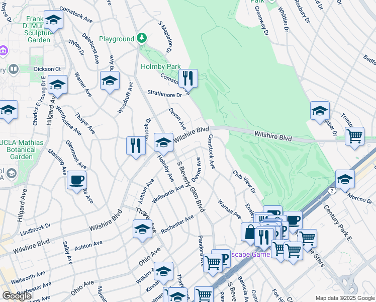 map of restaurants, bars, coffee shops, grocery stores, and more near 10390 Wilshire Boulevard in Los Angeles