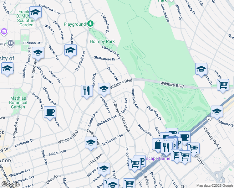 map of restaurants, bars, coffee shops, grocery stores, and more near 10390 Wilshire Boulevard in Los Angeles
