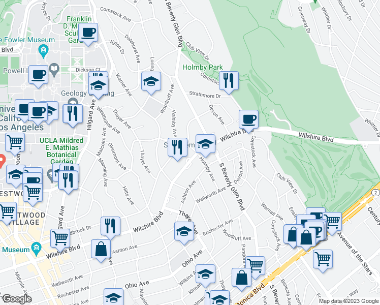 map of restaurants, bars, coffee shops, grocery stores, and more near 10433 Wilshire Boulevard in Los Angeles