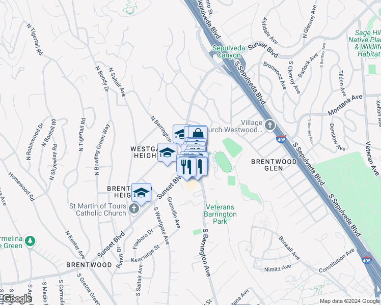 map of restaurants, bars, coffee shops, grocery stores, and more near 105 South Barrington Place in Los Angeles