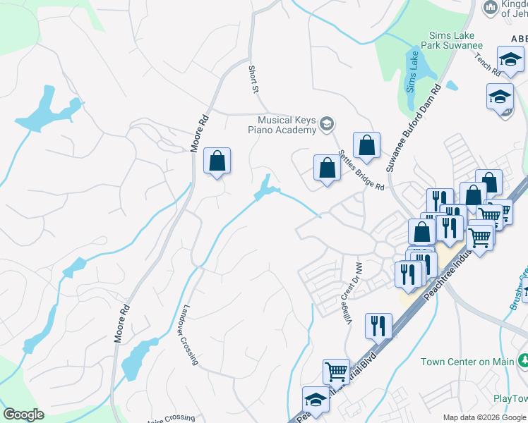 map of restaurants, bars, coffee shops, grocery stores, and more near 4550 Colony Point in Suwanee