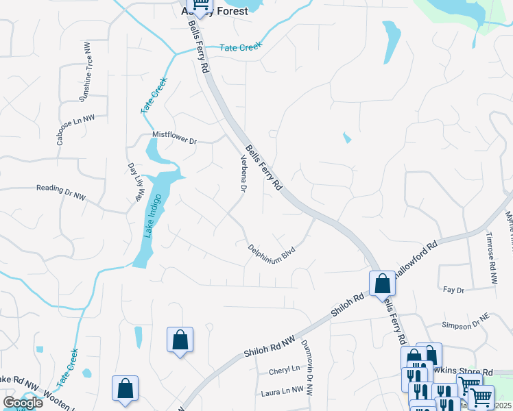 map of restaurants, bars, coffee shops, grocery stores, and more near 4761 Pinefield Drive in Acworth